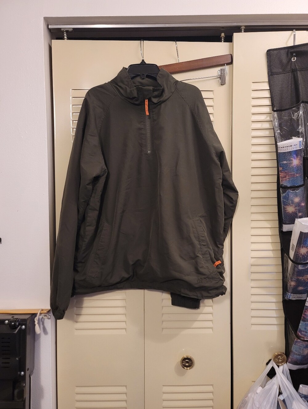 Cabelas Men’s Windcrest Windbreaker Size M 1/4 Zip Olige Green Waist Pull Cord